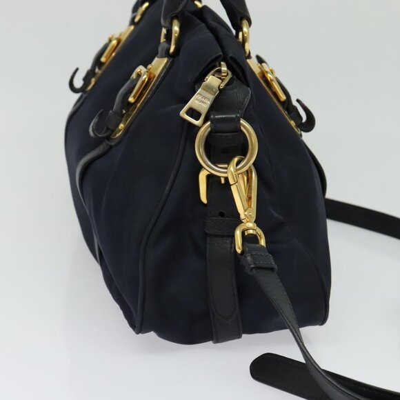 PRADA Tote Bag Nylon 2way Navy Gold Auth PP893 - Picture 4 of 16